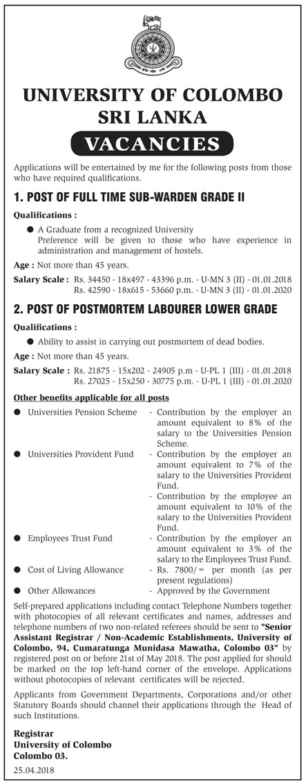 Sub Warden (Full Time), Postmortem Labourer - University of Colombo